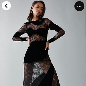 For Love & Lemons Carolyn Maxi Black Velvet Wavy Flocked Dot Lace Panel Dress